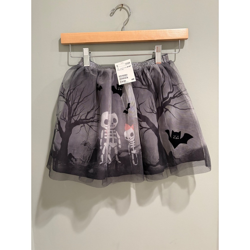 HM Kids Halloween Skeleton Bat Tulle Tutu Silver Glitter Size 4-6Y NWT
